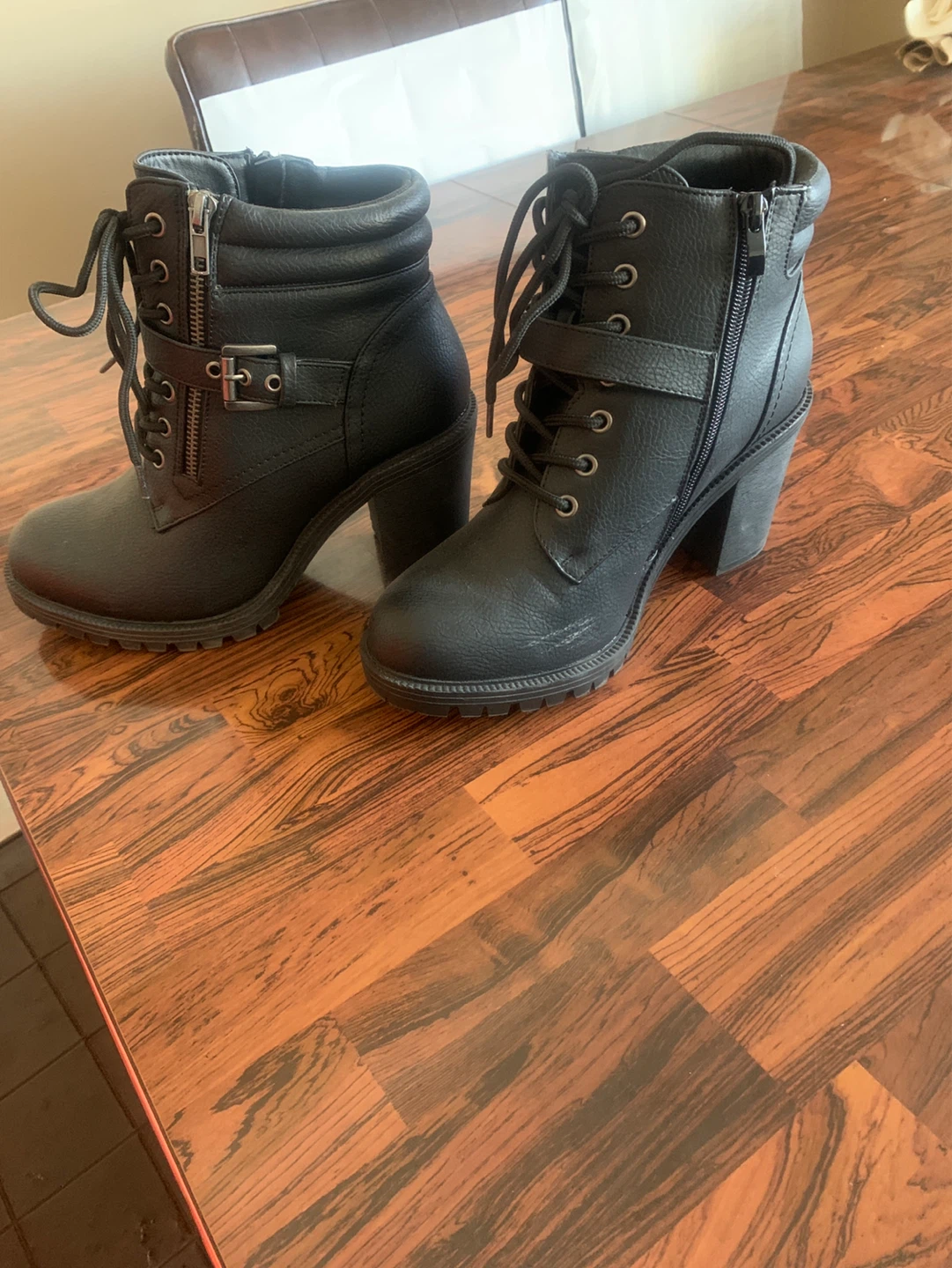 Black Faux Leather Combat Boots with Buckle Detail