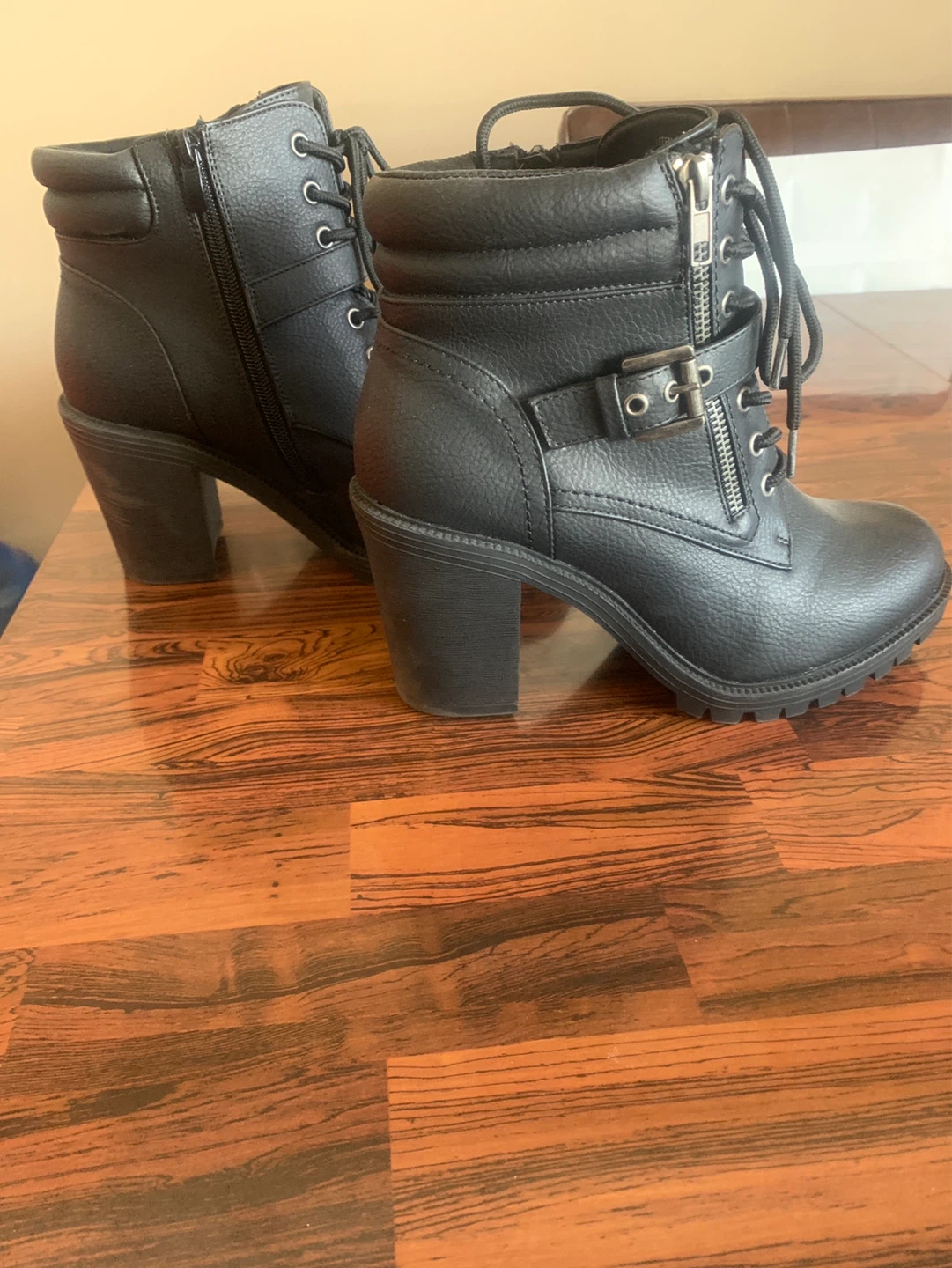 Black Faux Leather Combat Boots with Buckle Detail - photo 2