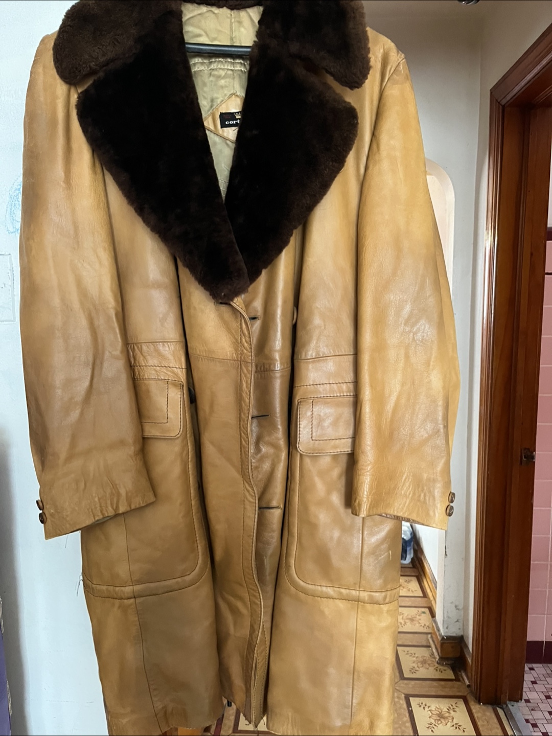 Cortefiel Men's Brown Leather Coat with Fur Collar
