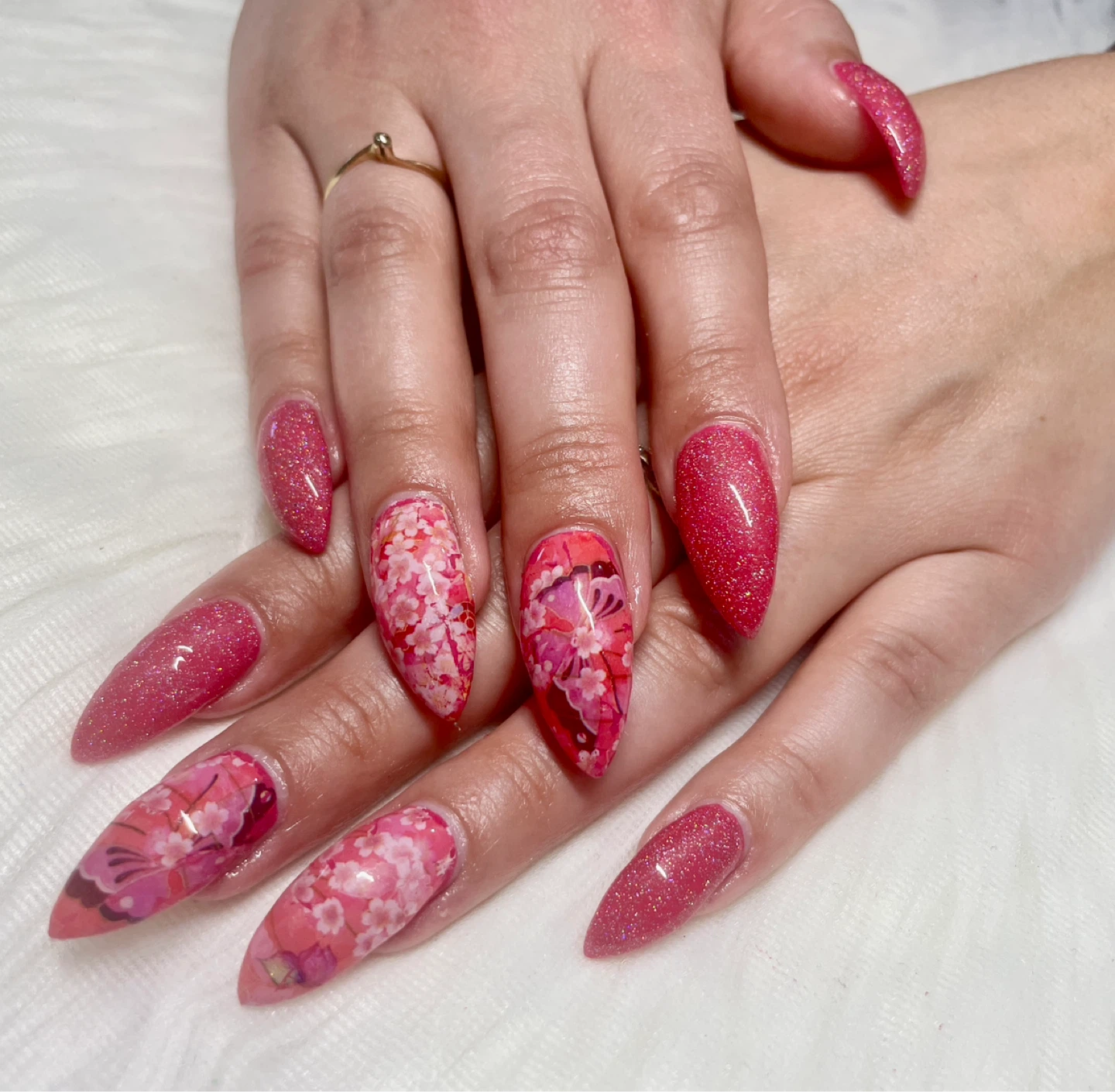Custom Stiletto Nails - Pink Floral & Burgundy/Green Designs