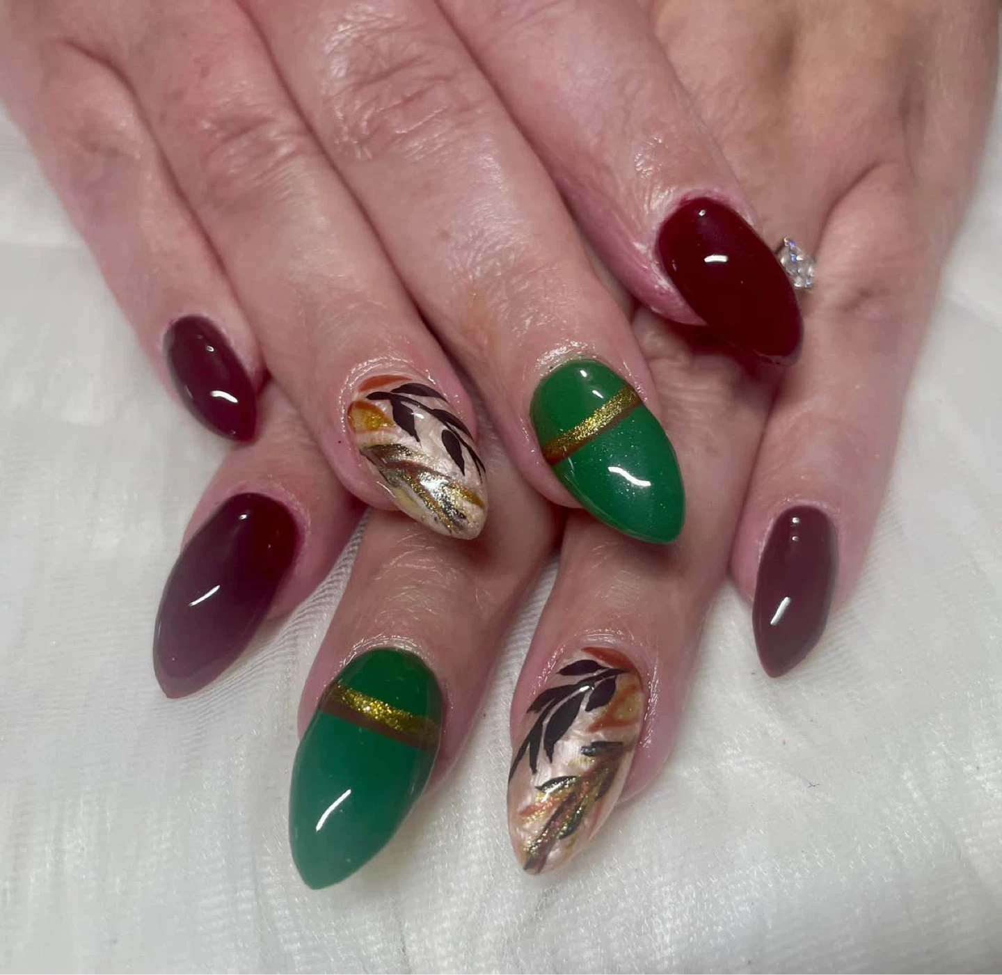 Custom Stiletto Nails - Pink Floral & Burgundy/Green Designs - photo 2