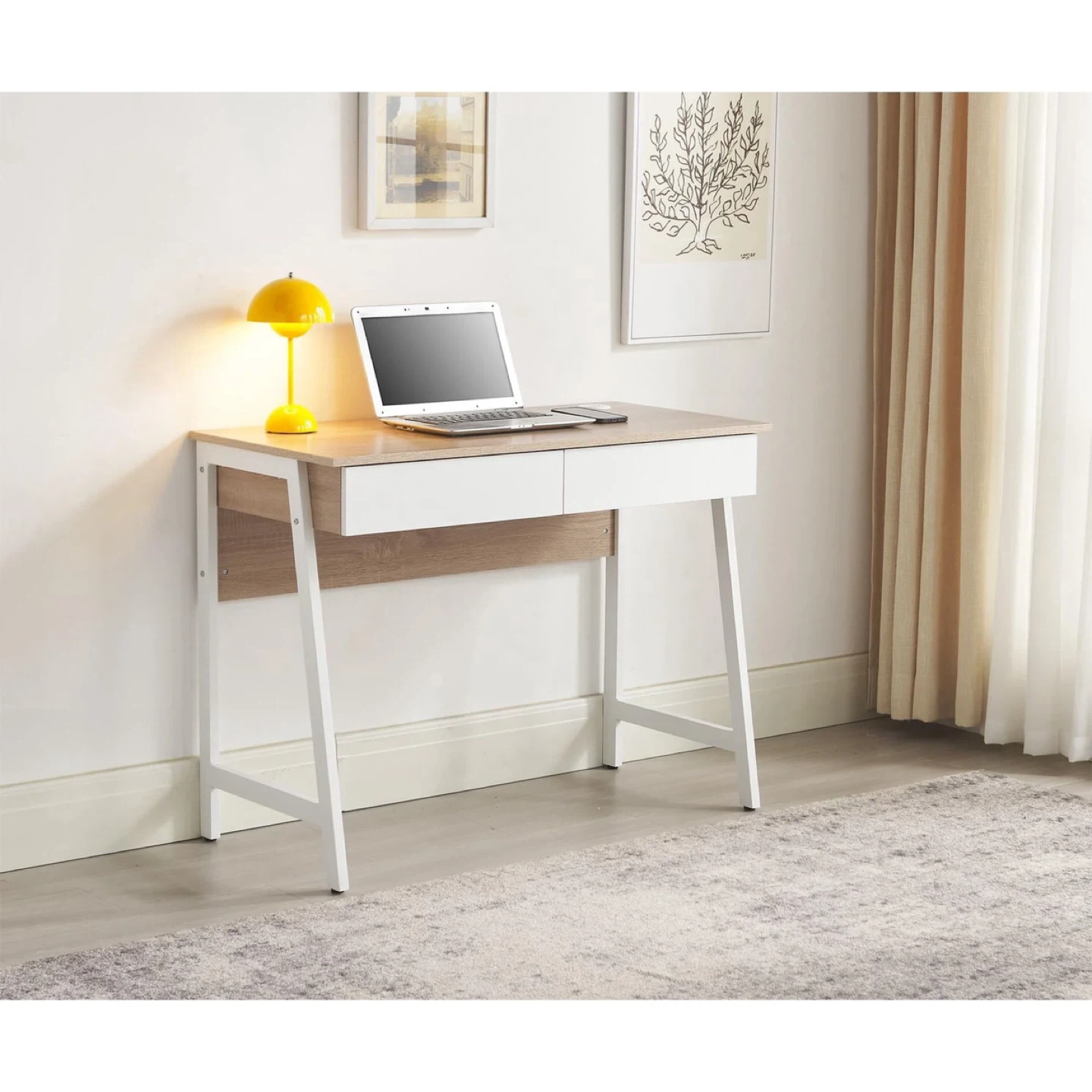 White and Oak Writing Desk with 2 Drawers - photo 3