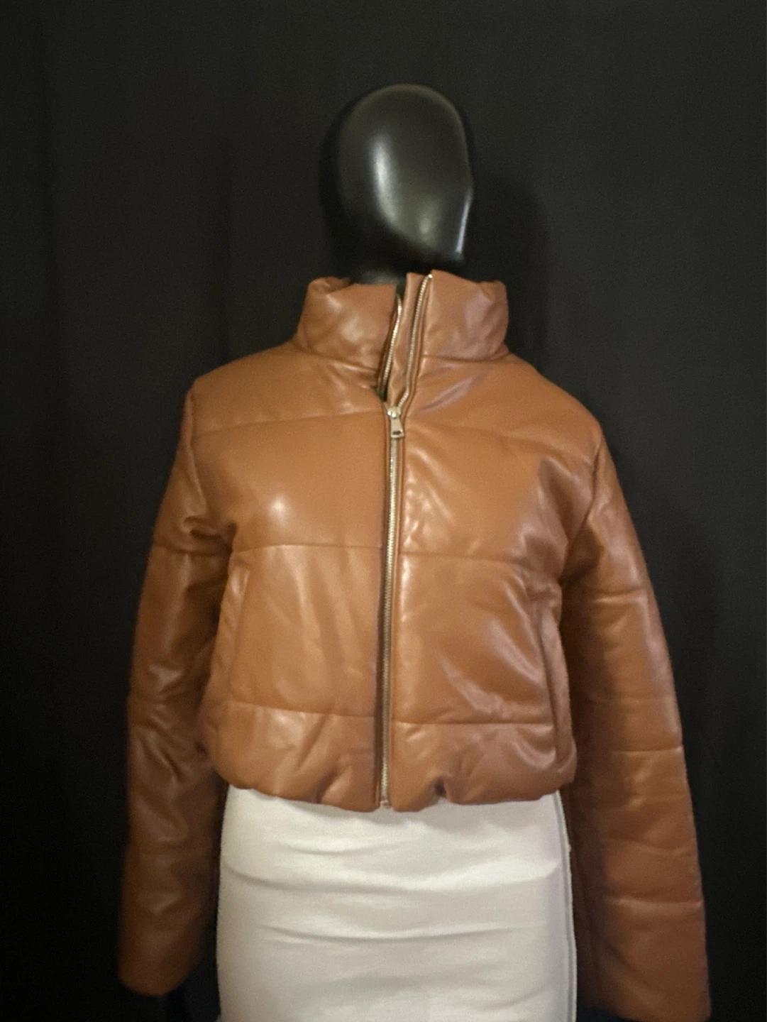 Brown Faux Leather Puffer Jacket