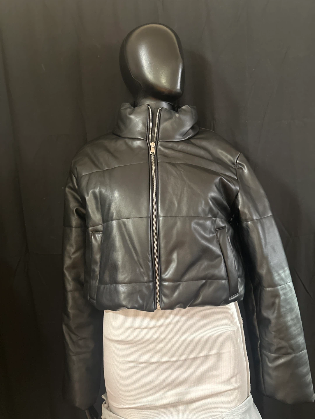 Black Faux Leather Puffer Jacket