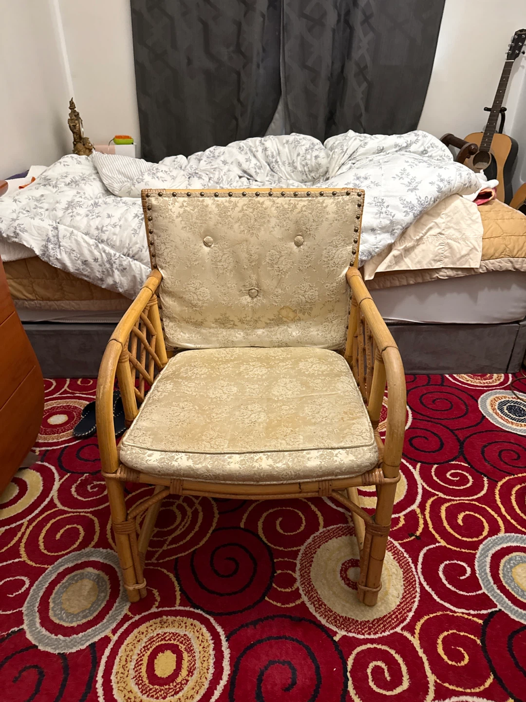 Vintage Rattan Armchair with Floral Cushions