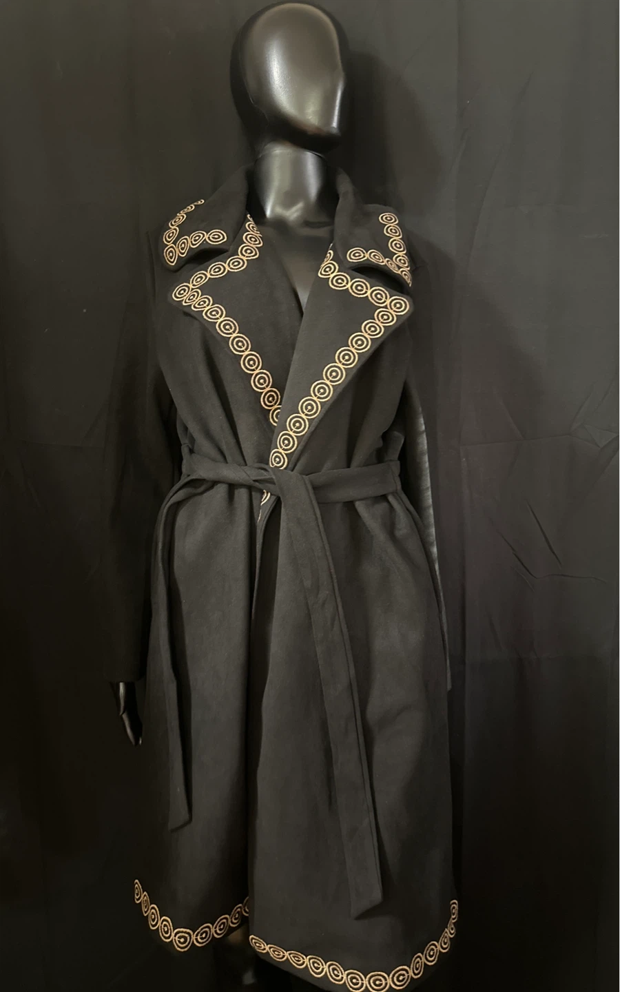 Black Embroidered Trench Coat with Belt