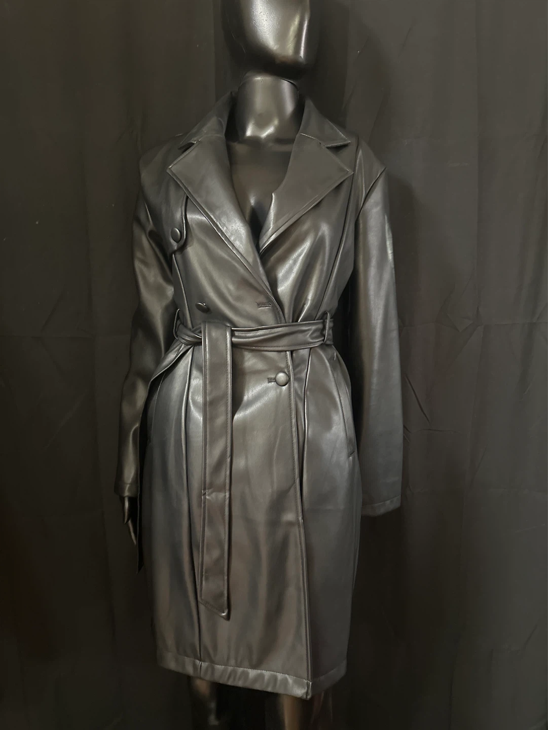 Women's Black Faux Leather Trench Coat