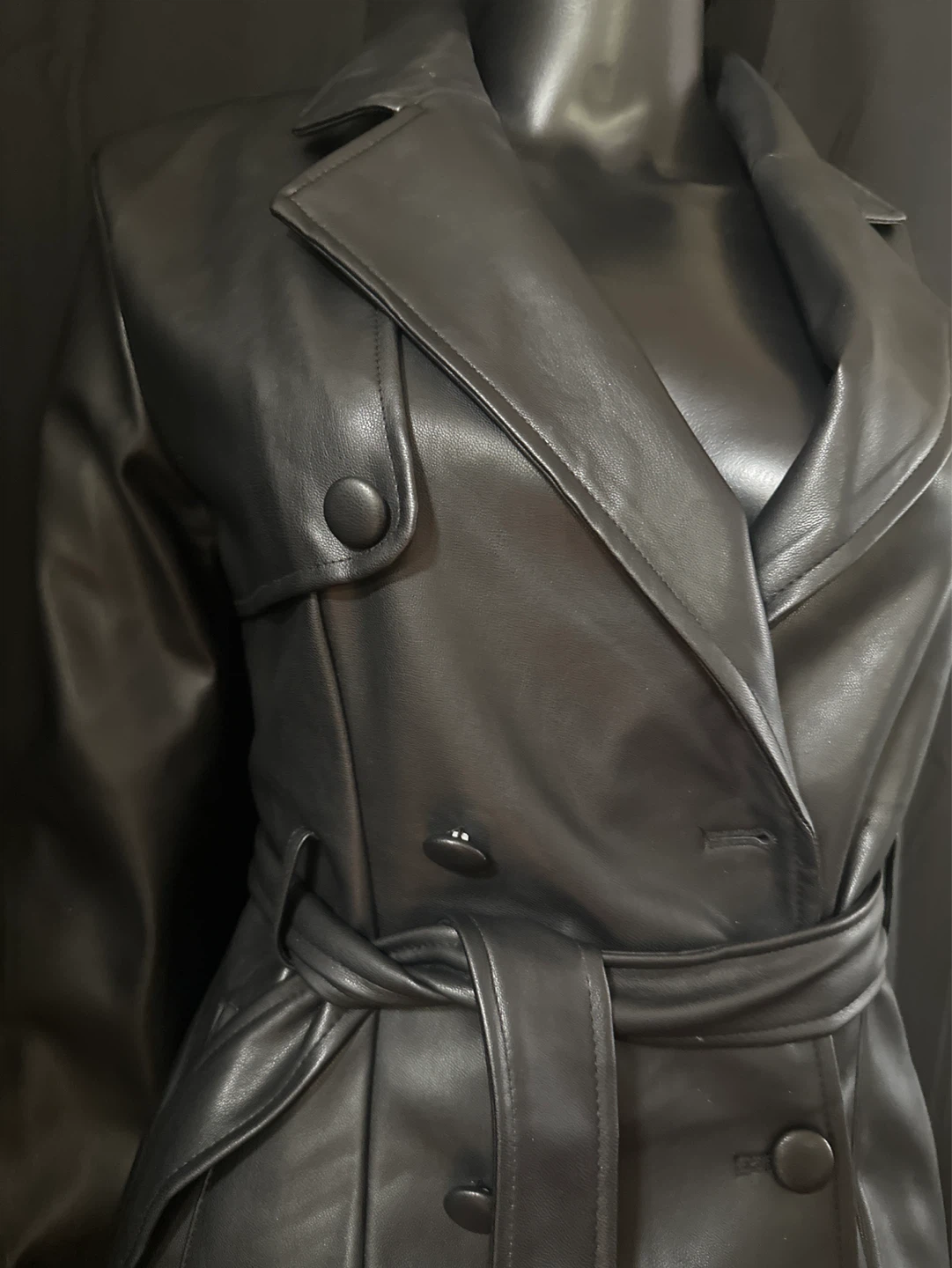 Women's Black Faux Leather Trench Coat - photo 2
