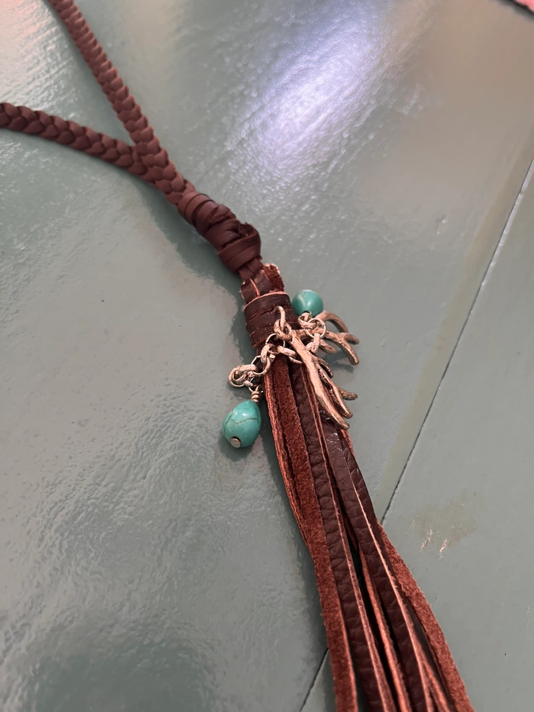 Brown Leather Braided Necklace with Turquoise Beads - photo 3