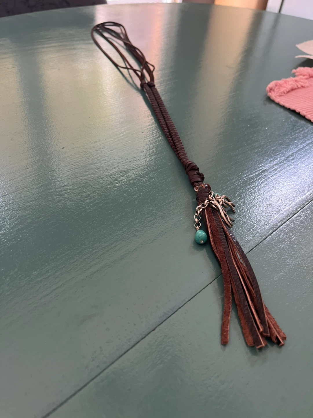 Brown Leather Braided Necklace with Turquoise Beads - photo 2
