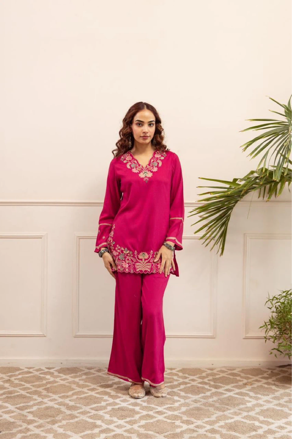 Women's Pink Embroidered Kurti and Pants Set