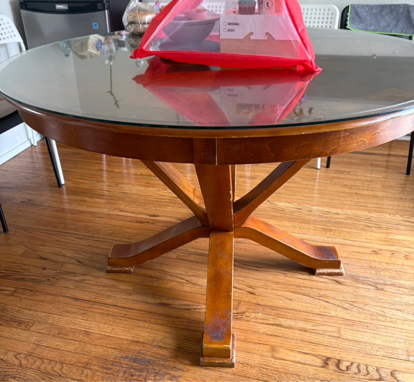 Round Wood Dining Table with Glass Top - photo 2
