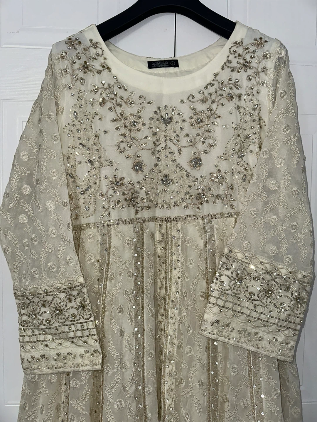 White and Gold Embroidered & Embellished Long Double Layer Dress - photo 4