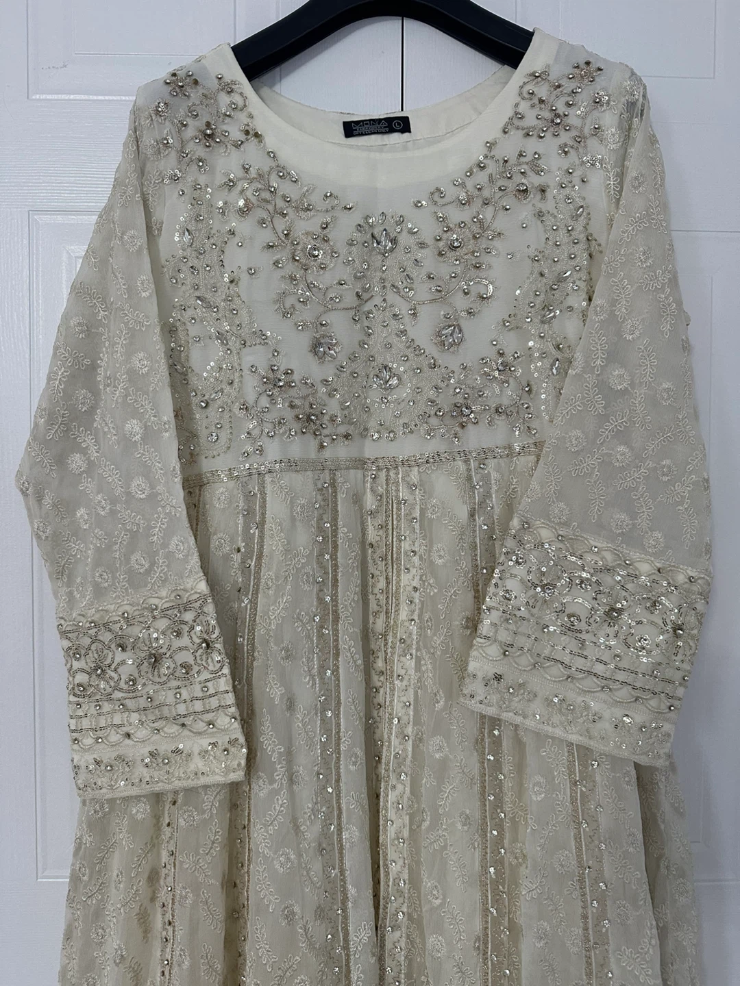 White and Gold Embroidered & Embellished Long Double Layer Dress
