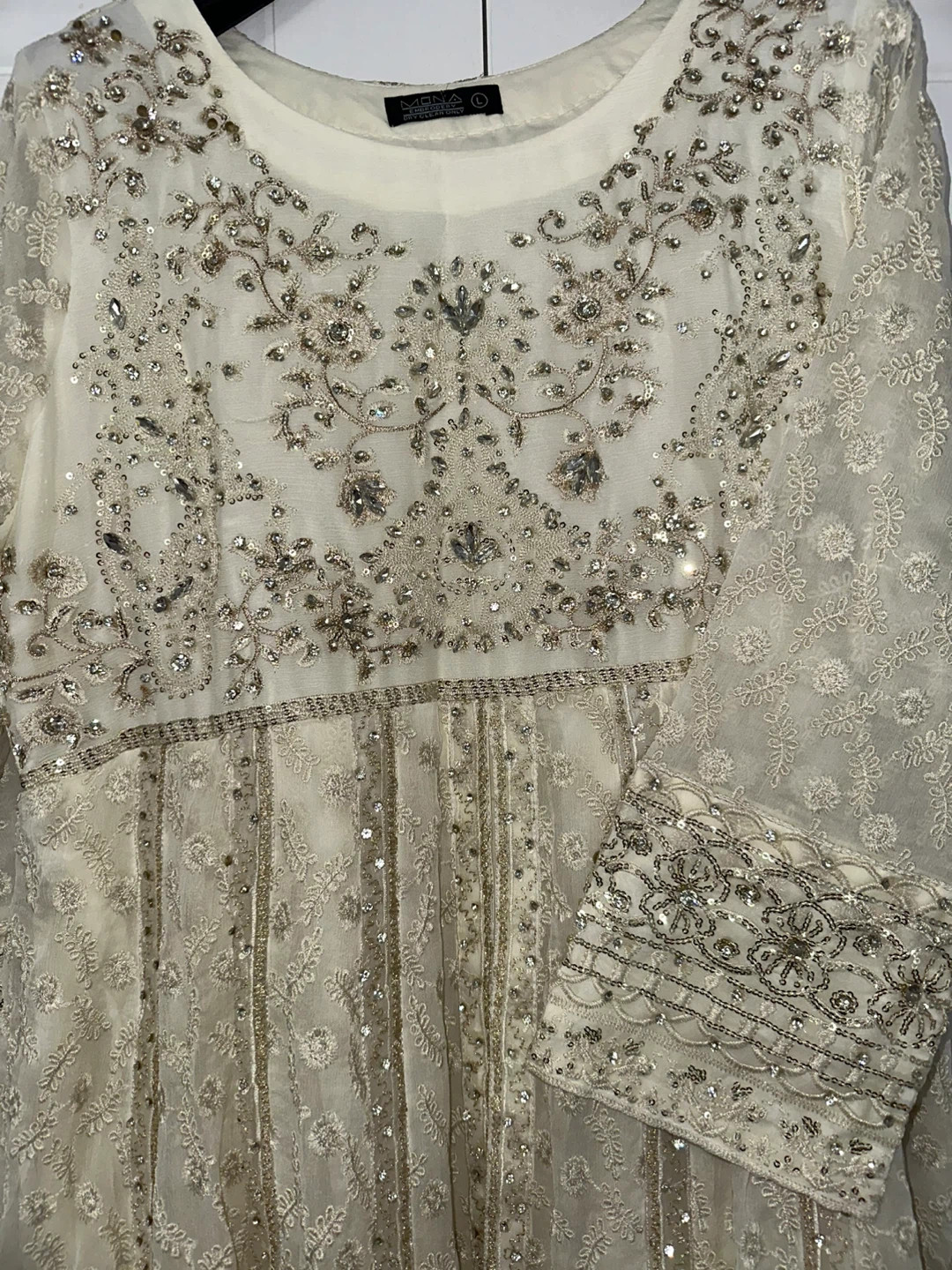 White and Gold Embroidered & Embellished Long Double Layer Dress - photo 2