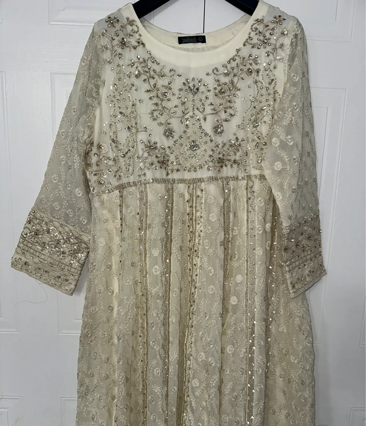 White and Gold Embroidered & Embellished Long Double Layer Dress - photo 5