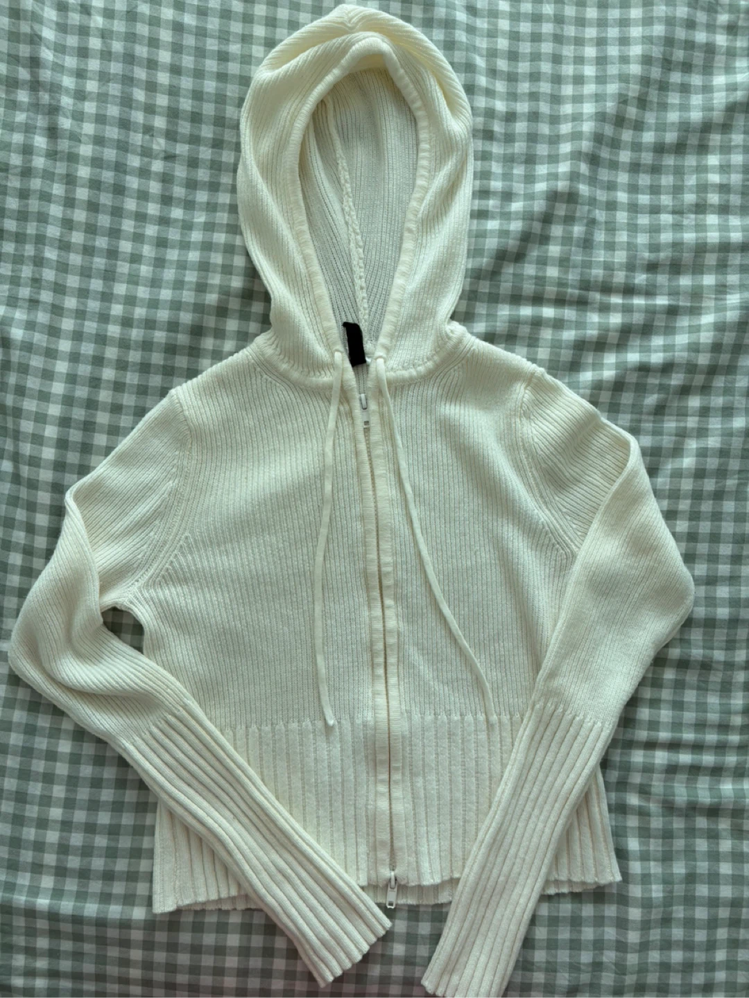 Cream Knit Zip-Up Hoodie Sweater (Size S)