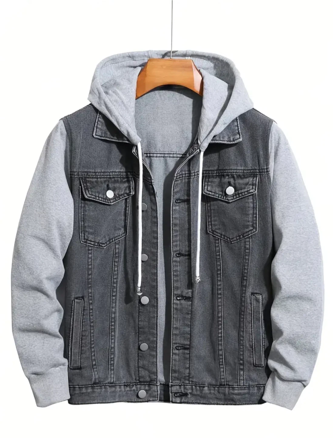 New Men's Grey Denim Jacket with Hood