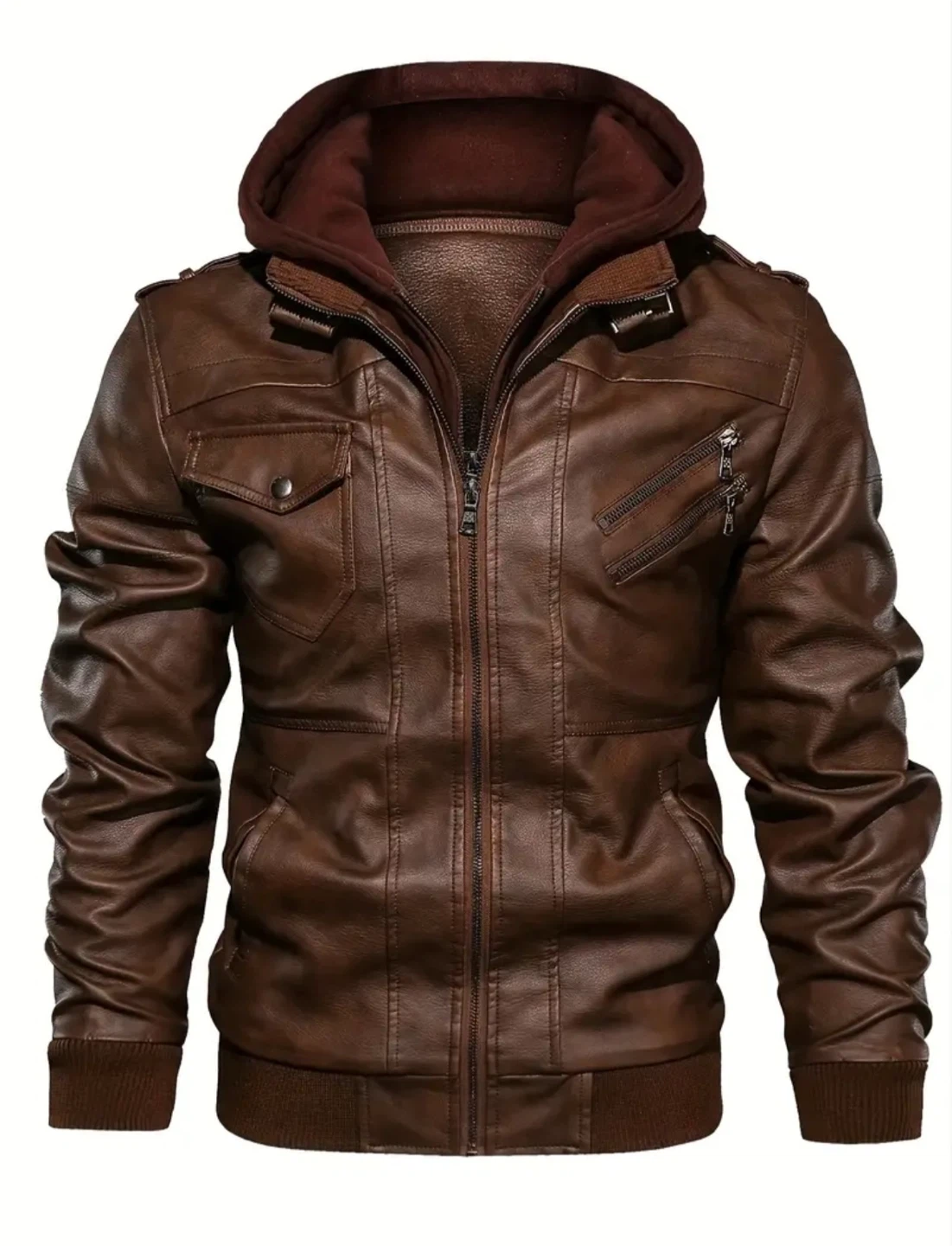 New Men’s Brown Leather Jacket with Removable Hood