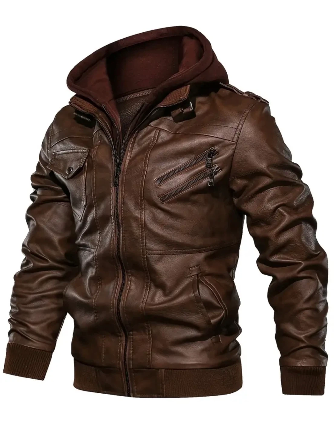 New Men’s Brown Leather Jacket with Removable Hood - photo 3