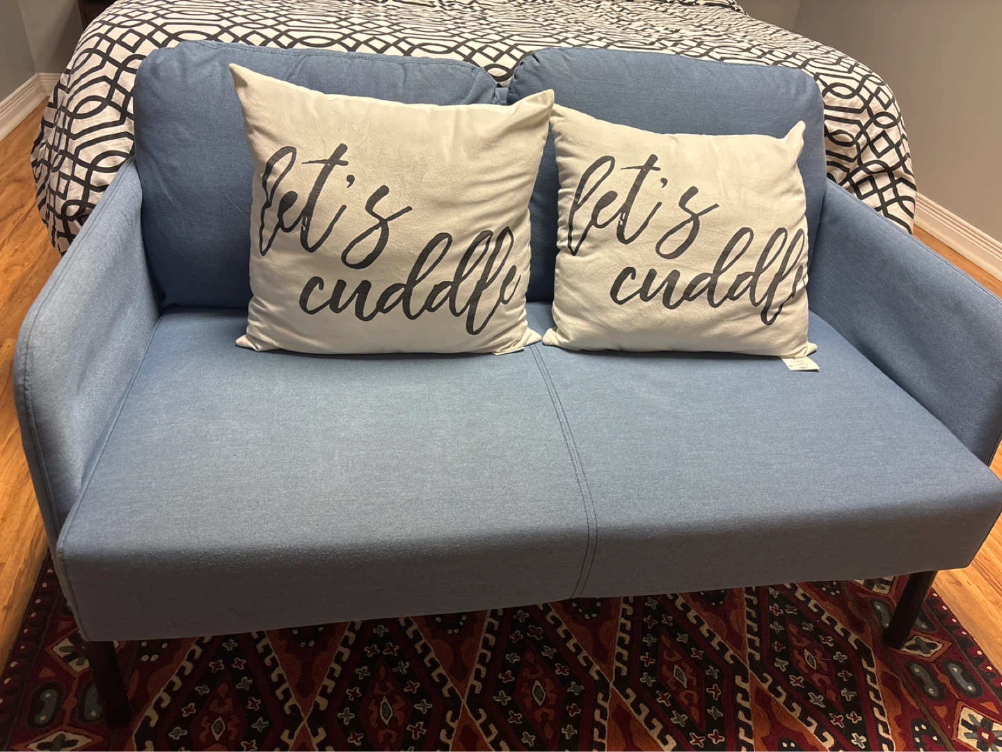 Blue Loveseat Couch with Decorative Pillows