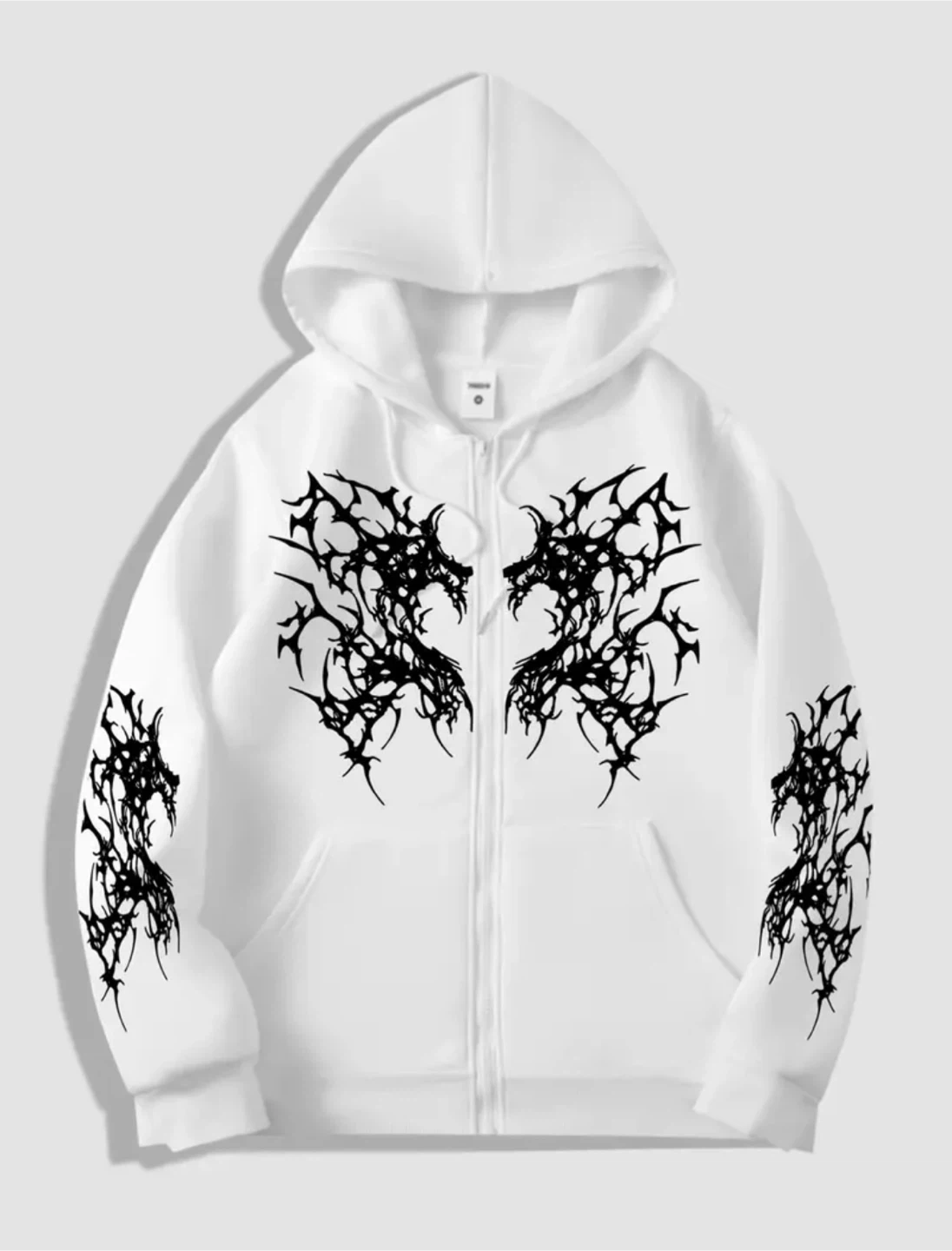 New White Zip-Up Hoodie with Dragon Graphic