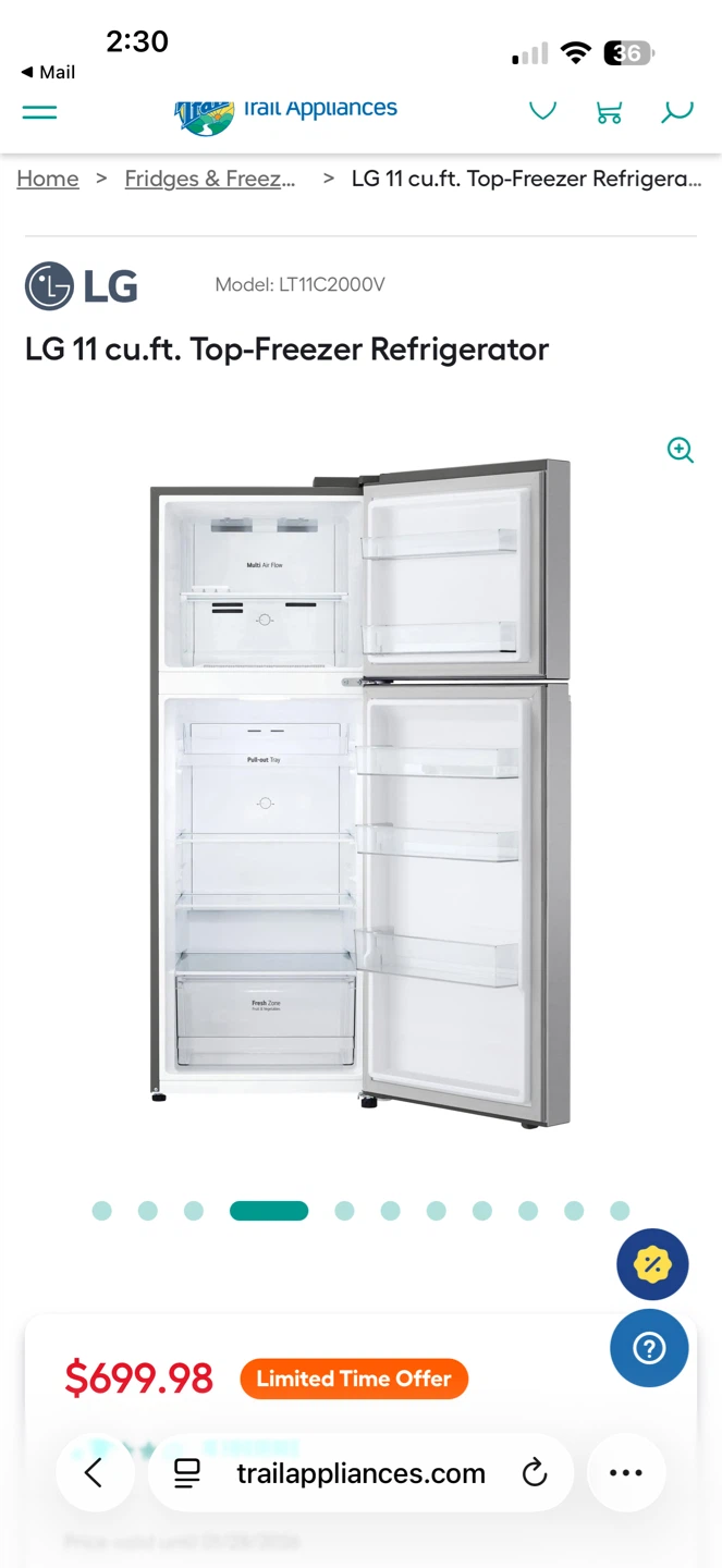 LG 11 cu.ft. Top-Freezer Refrigerator LT11C2000V
