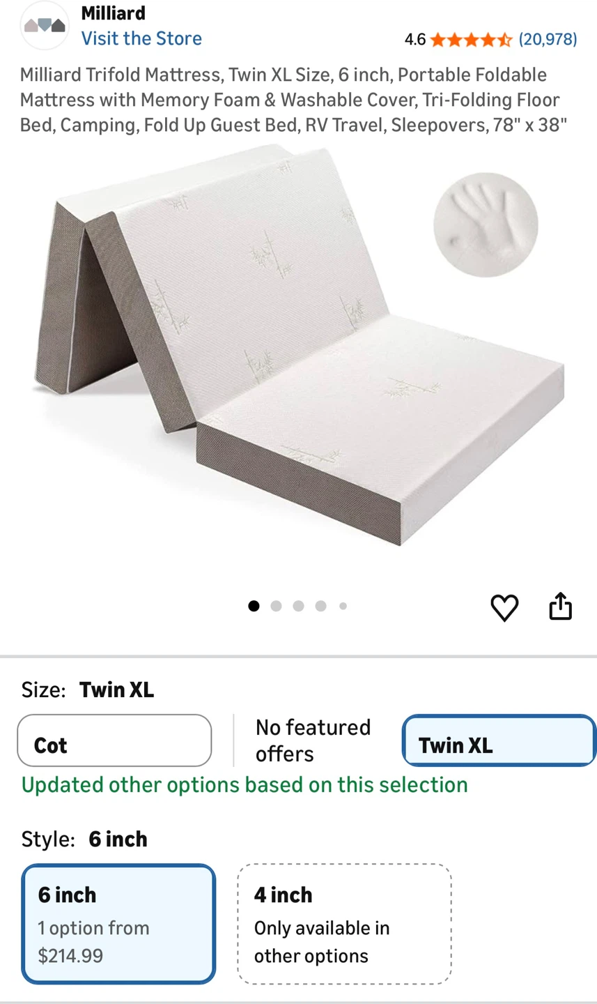 Milliard Trifold Mattress Twin XL 4 inch