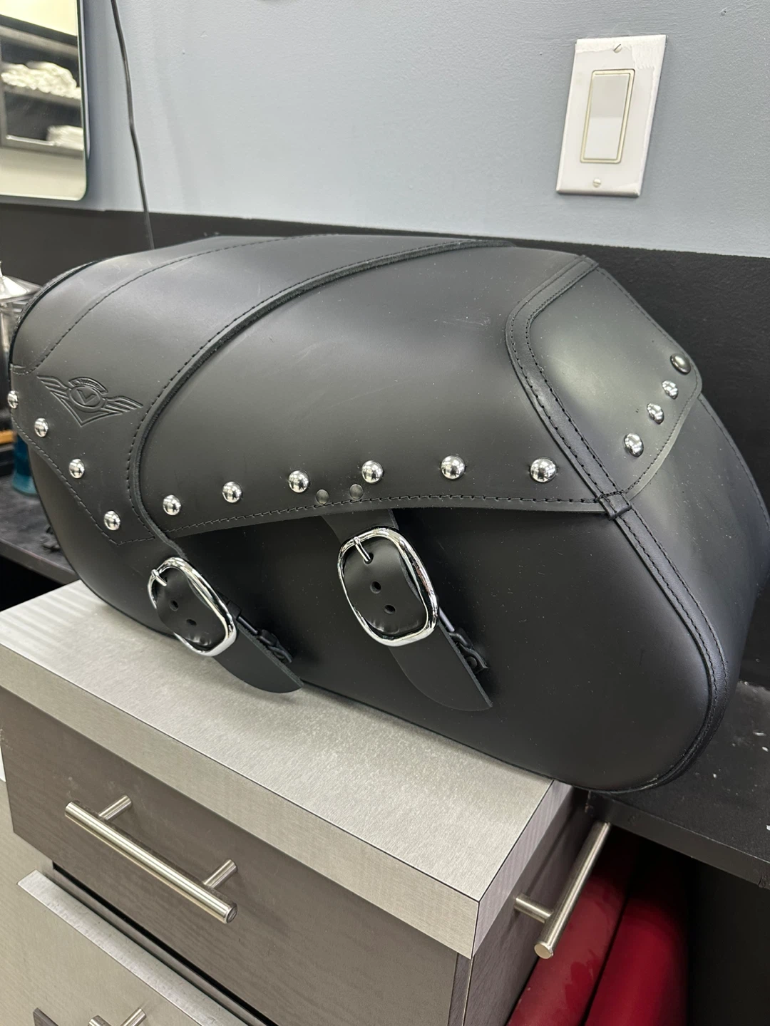 1 Kawasaki Vulcan Black Leather Motorcycle Saddlebags with Studs - photo 3