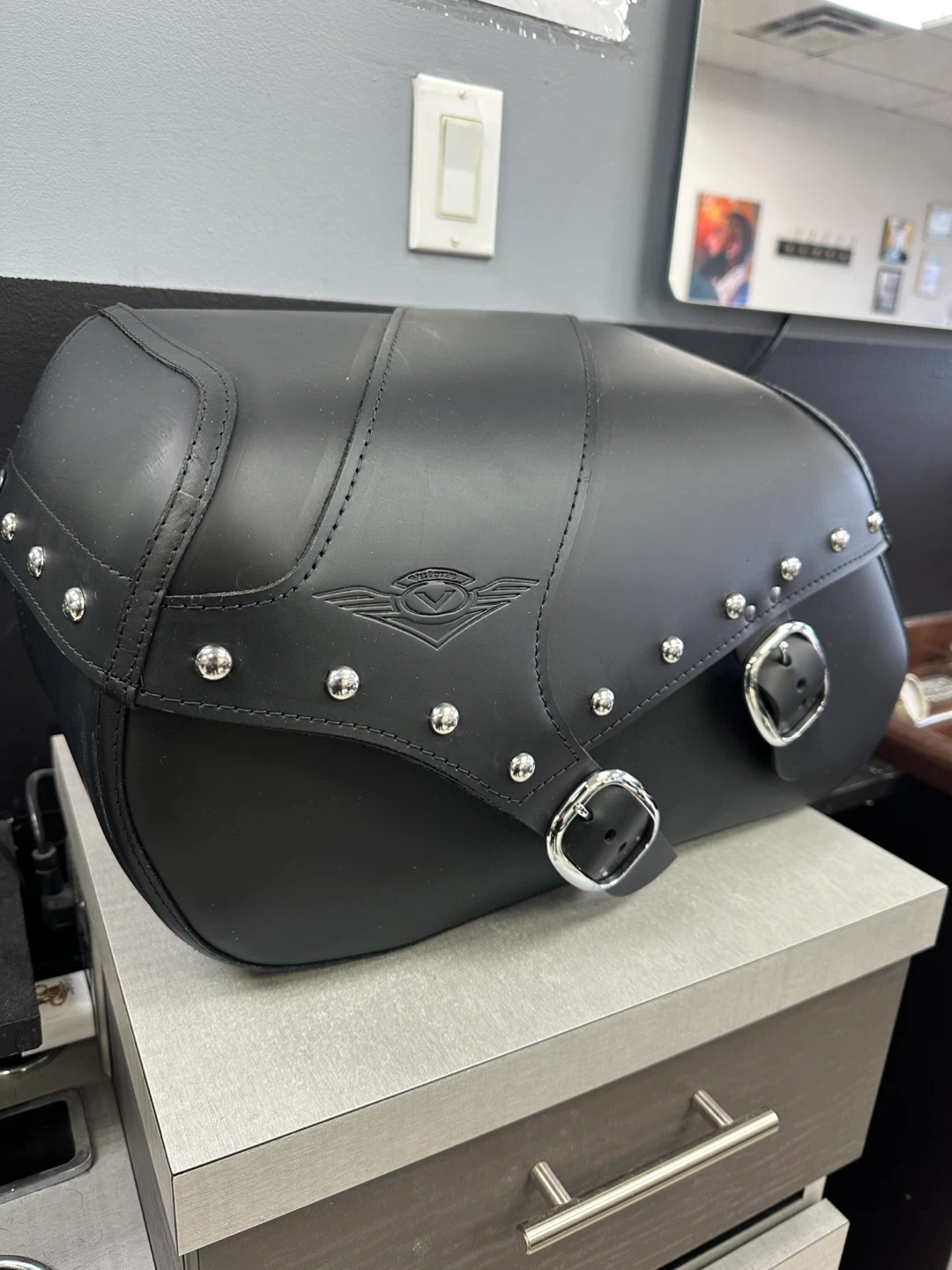 1 Kawasaki Vulcan Black Leather Motorcycle Saddlebags with Studs