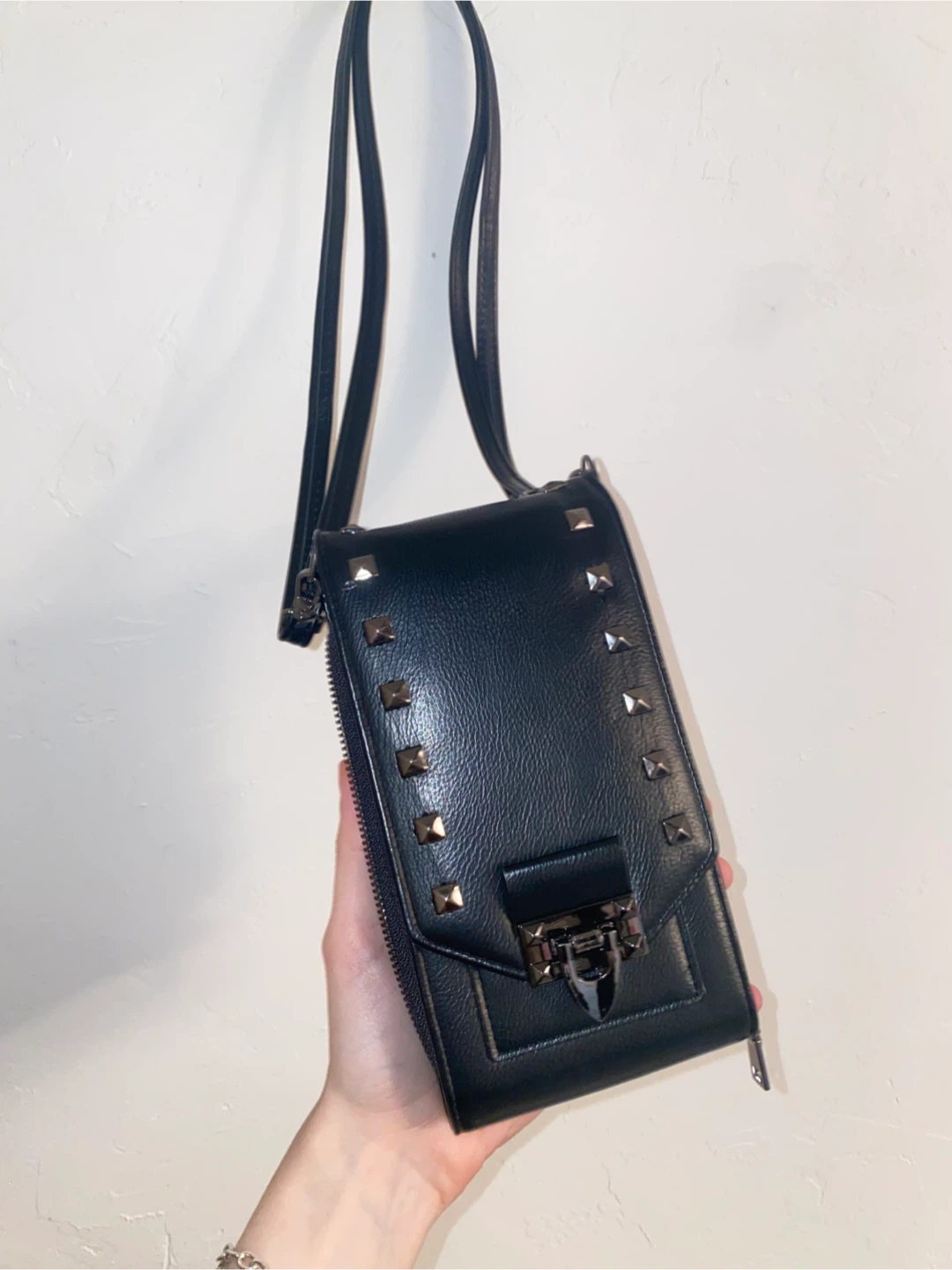 Black studded wallet with crossbody strap