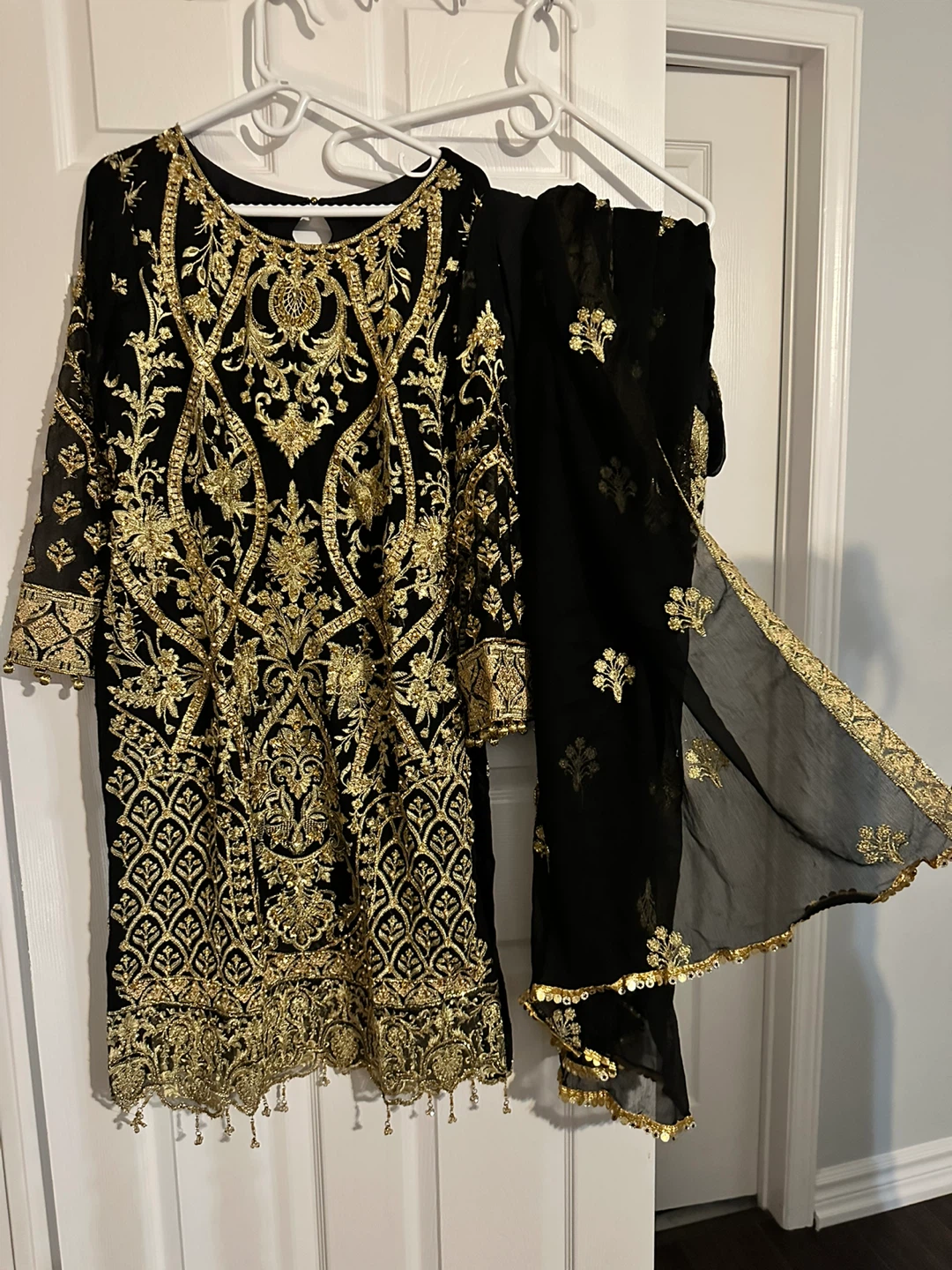 Black and Gold Embroidered Outfit with Scarf