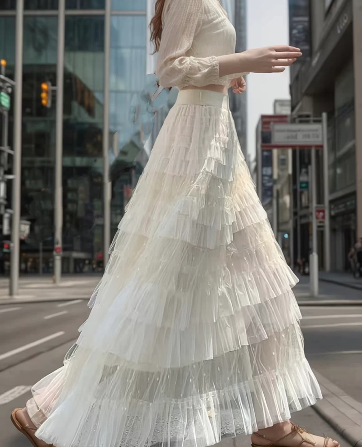 Tiered Ruffle Tulle Maxi Skirt Cream