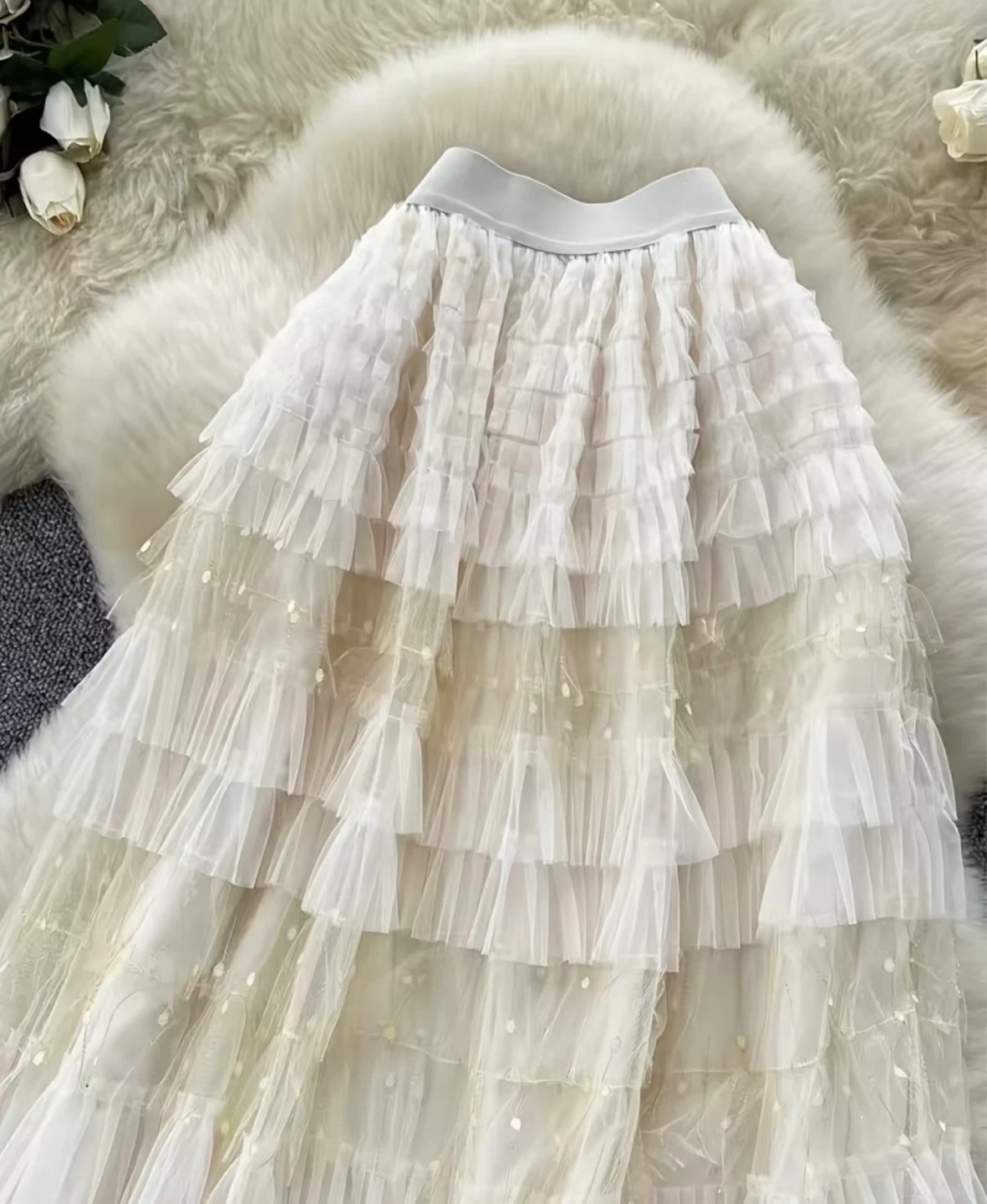 Tiered Ruffle Tulle Maxi Skirt Cream - photo 5