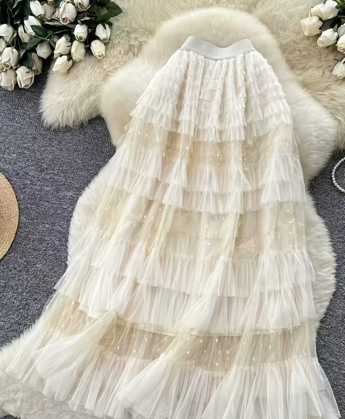 Tiered Ruffle Tulle Maxi Skirt Cream - photo 2
