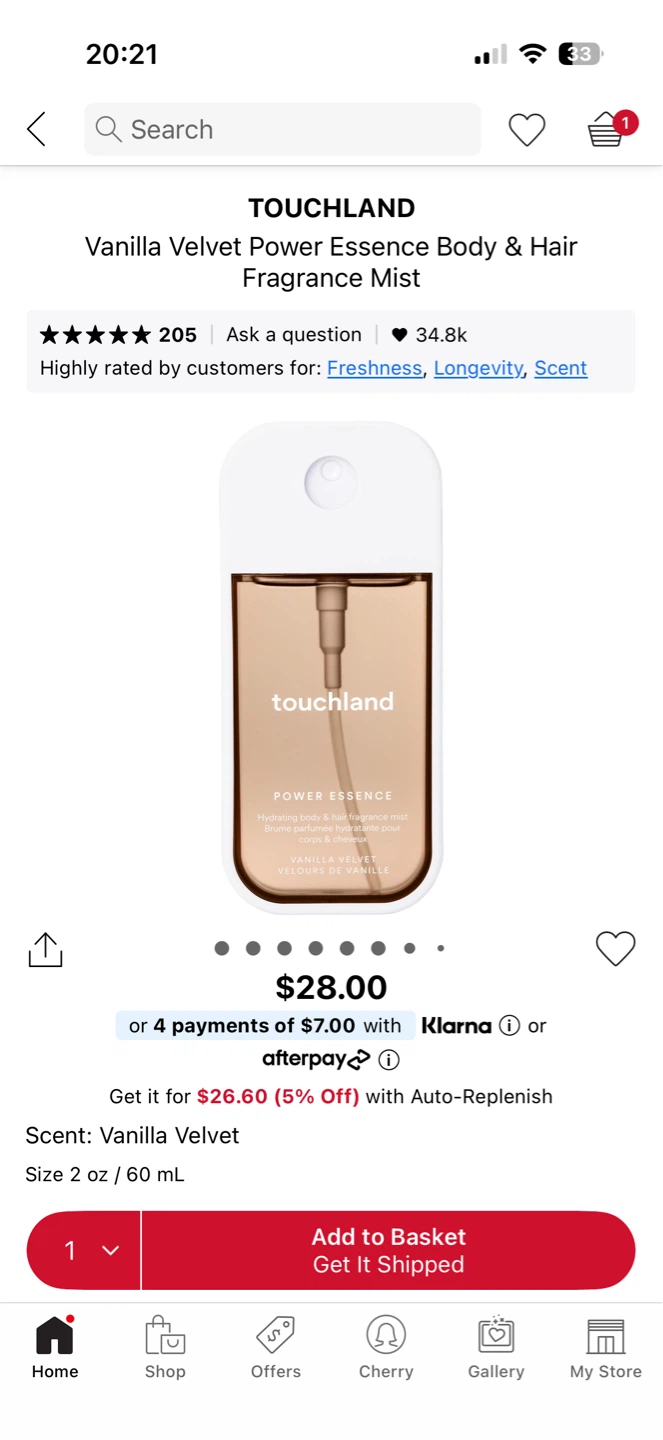 Touchland Vanilla Velvet Body & Hair Fragrance Mist