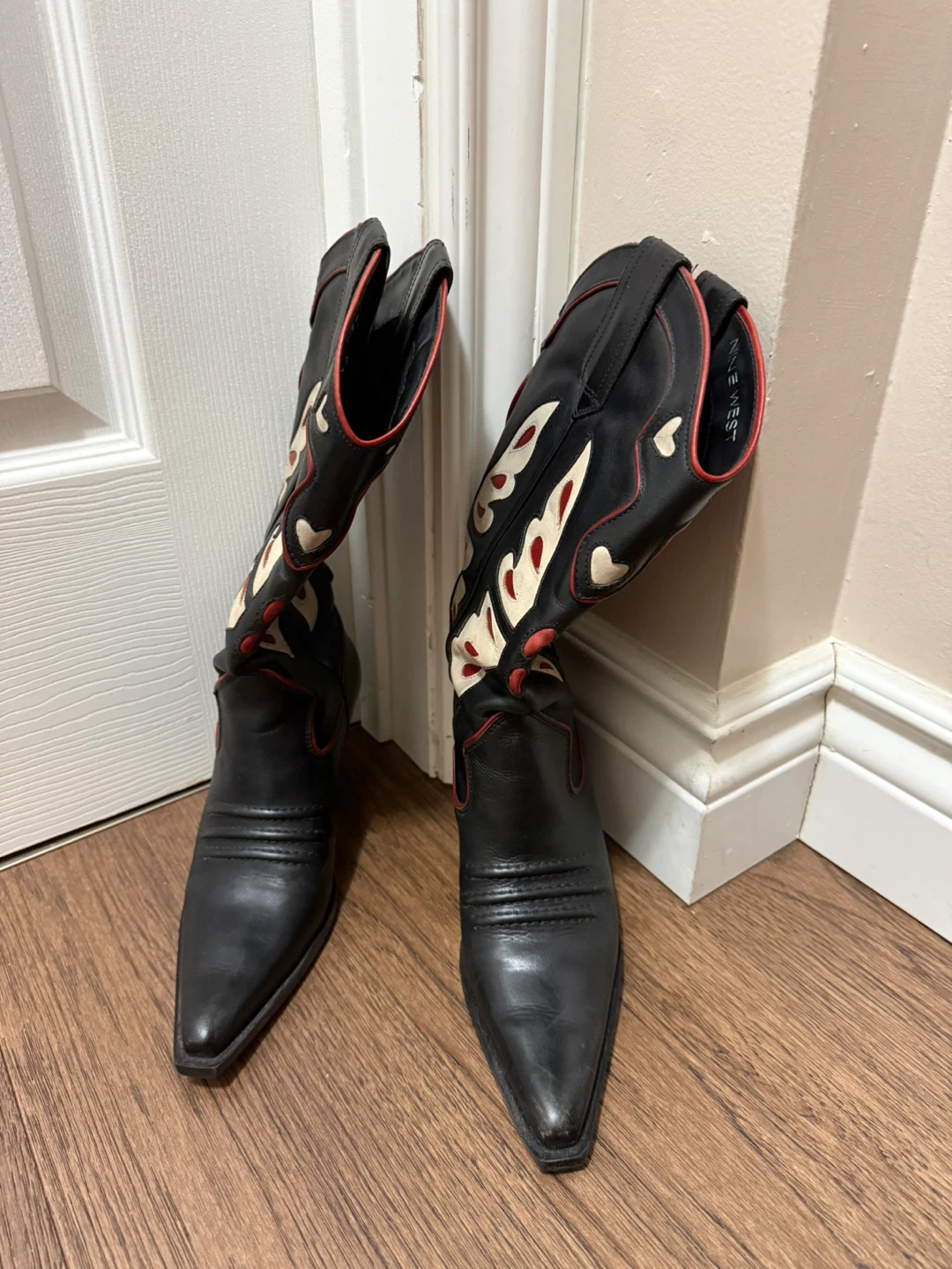 Nine West Black Leather Cowboy Boots with Wings Design