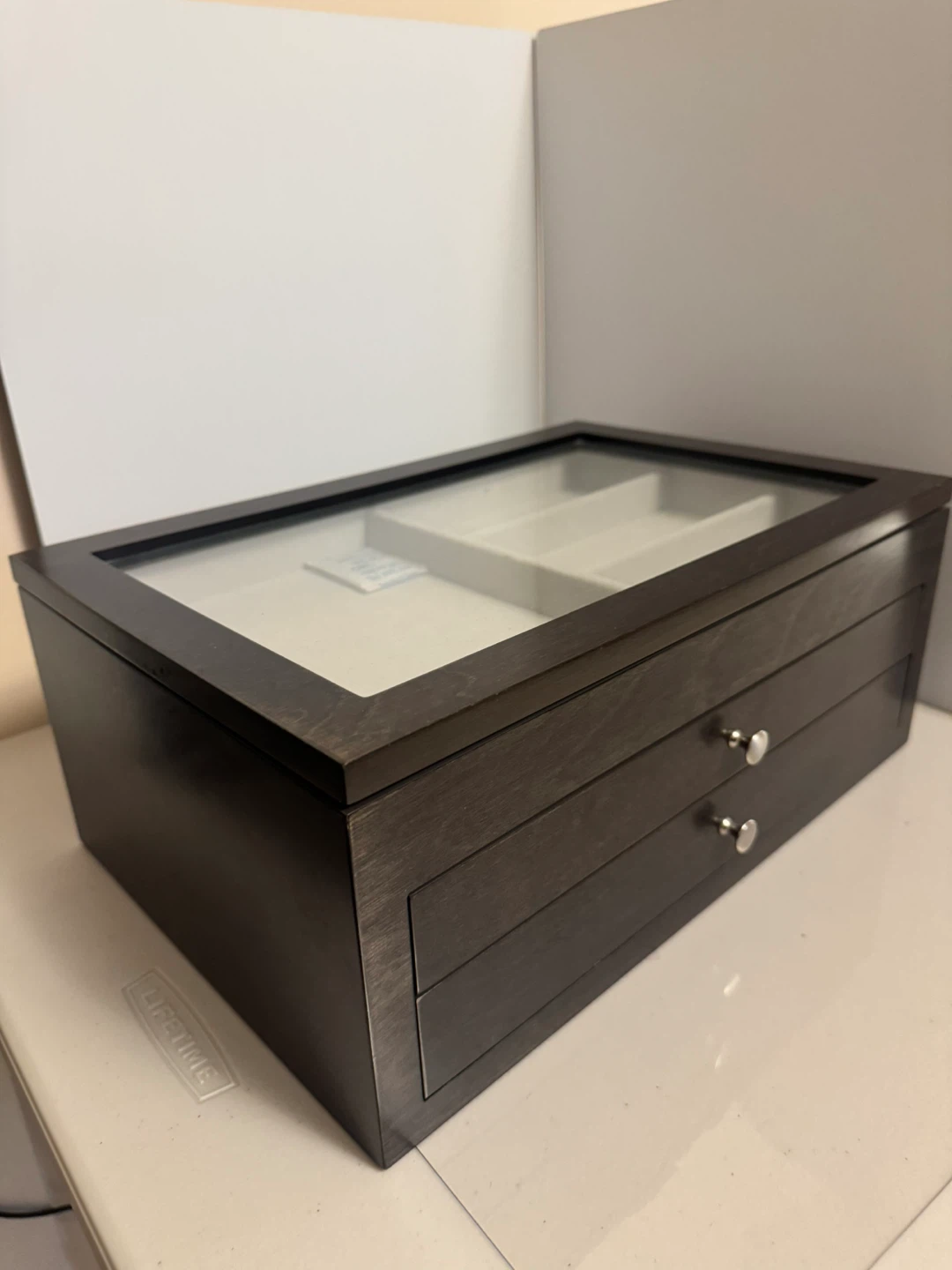Dark Wood Jewelry Box Organizer with Glass Lid and Drawers - photo 2
