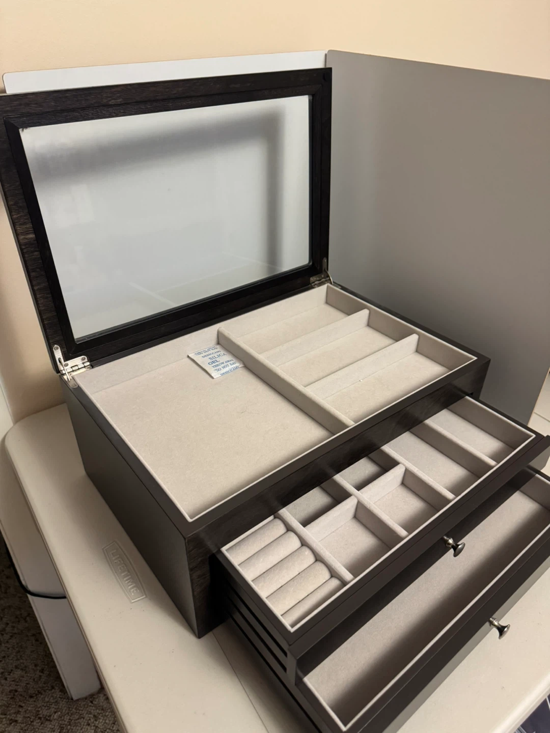 Dark Wood Jewelry Box Organizer with Glass Lid and Drawers