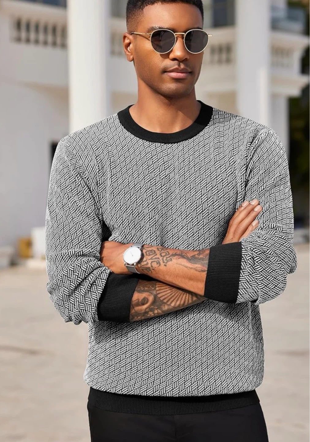 COOFANDY Men's Knit Sweater Black & White Pattern Size L