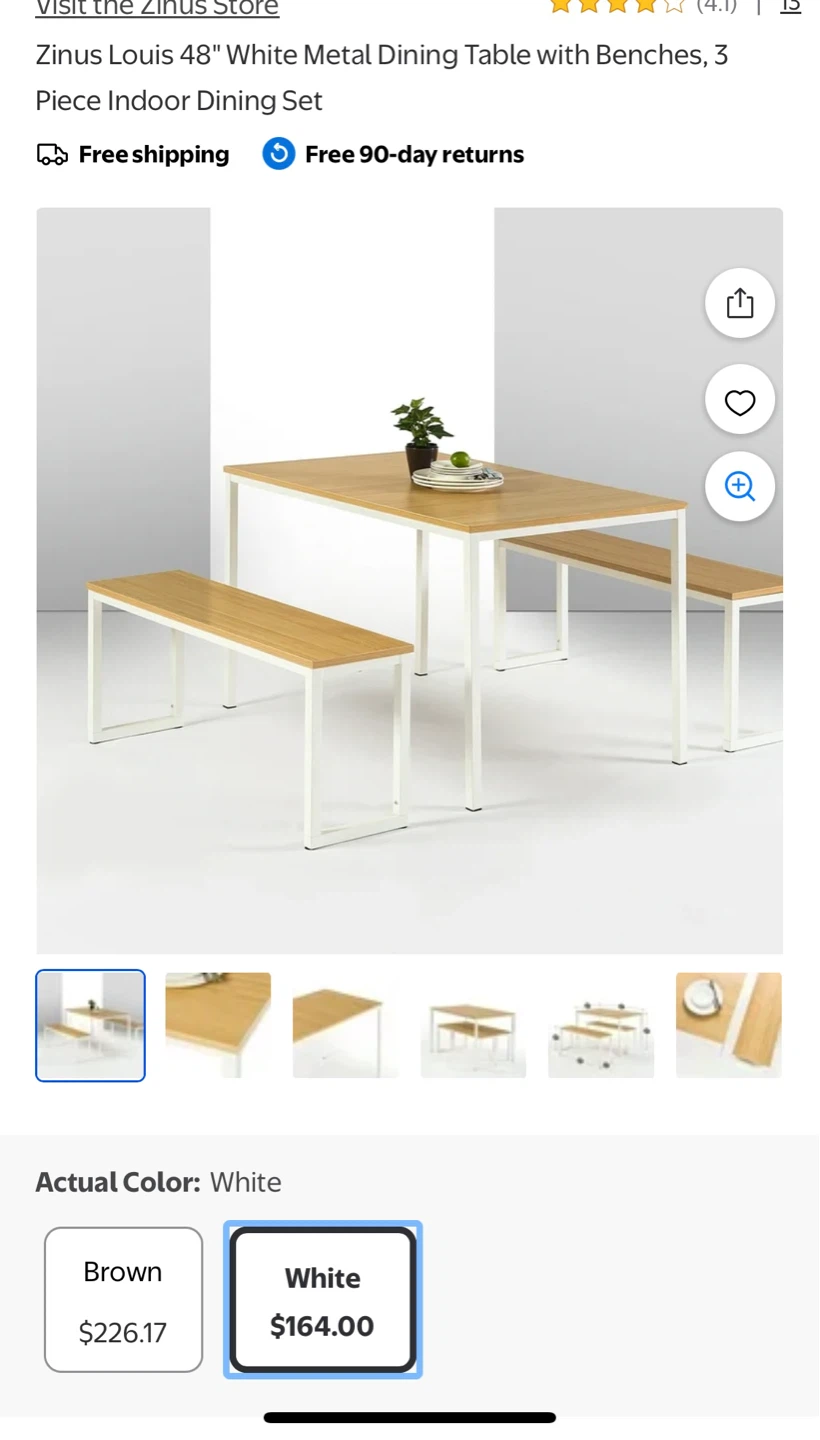 Zinus Louis 48" White Metal Dining Table with 2 Benches