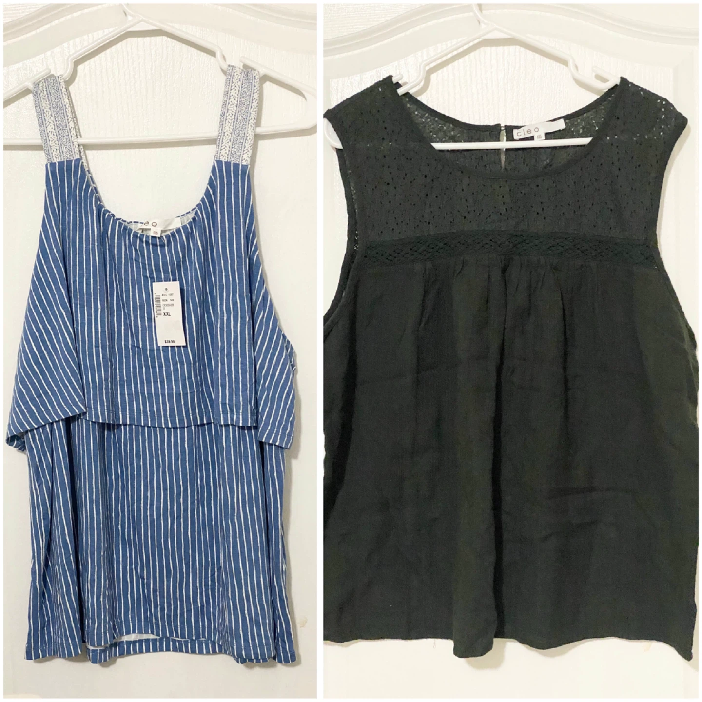 $5ea/$7 Cleo Blue Striped Tank Top & Black Eyelet Top - Size XXL