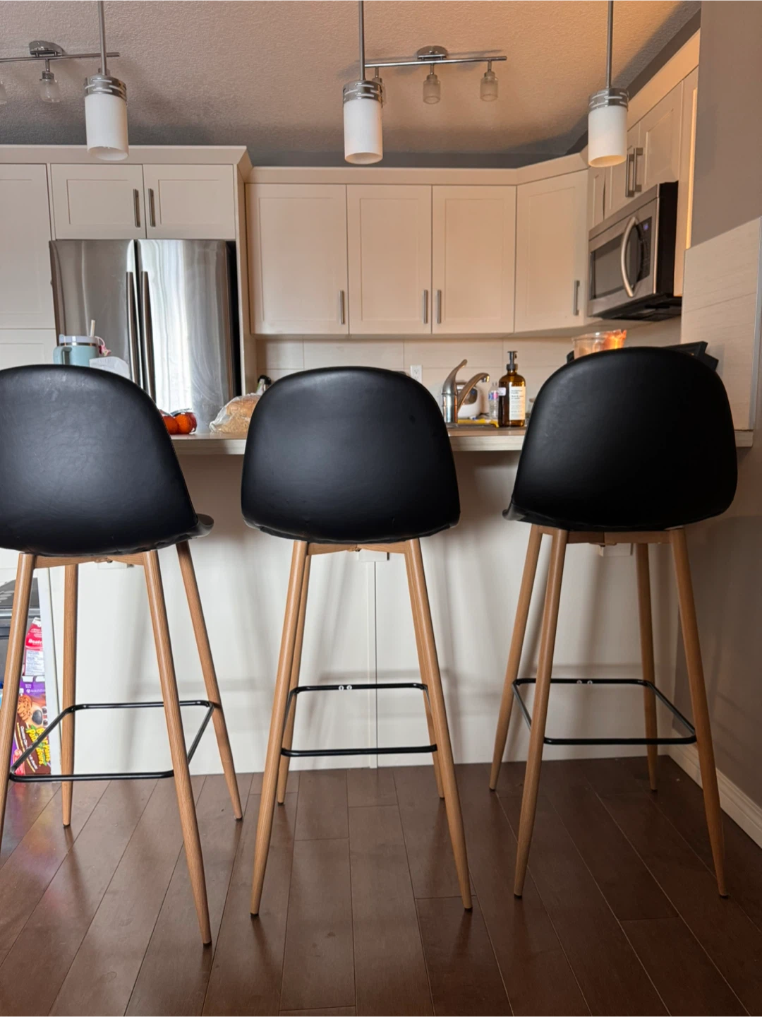 Set of 3 Black Bar Stools with Wooden Legs