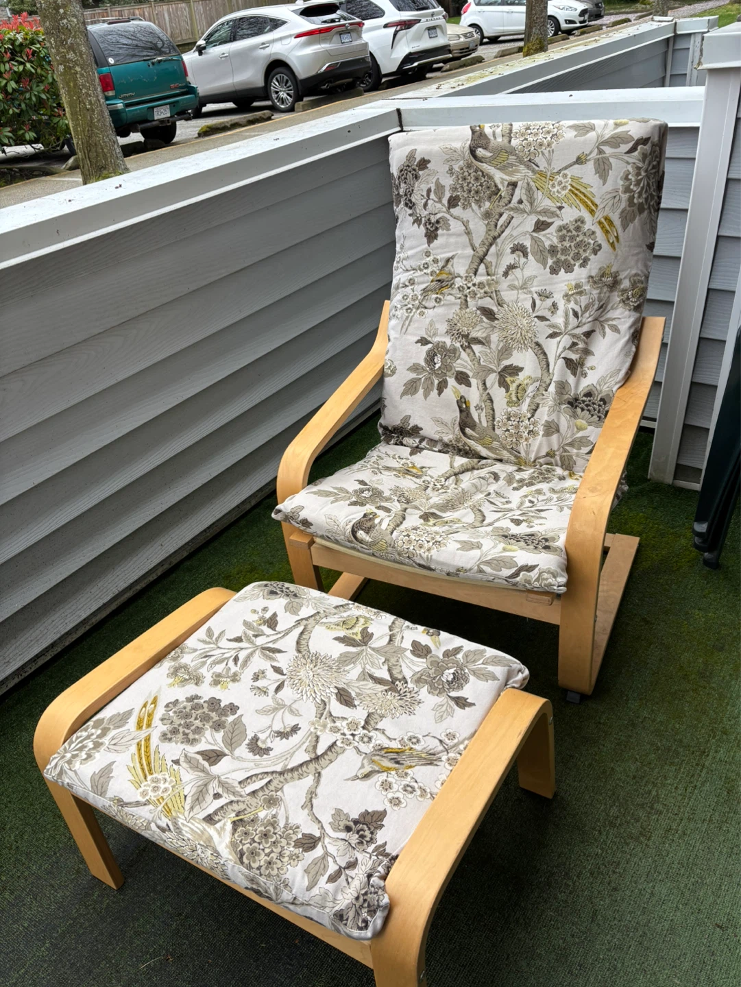 Wooden chair and ottoman with bird and floral print