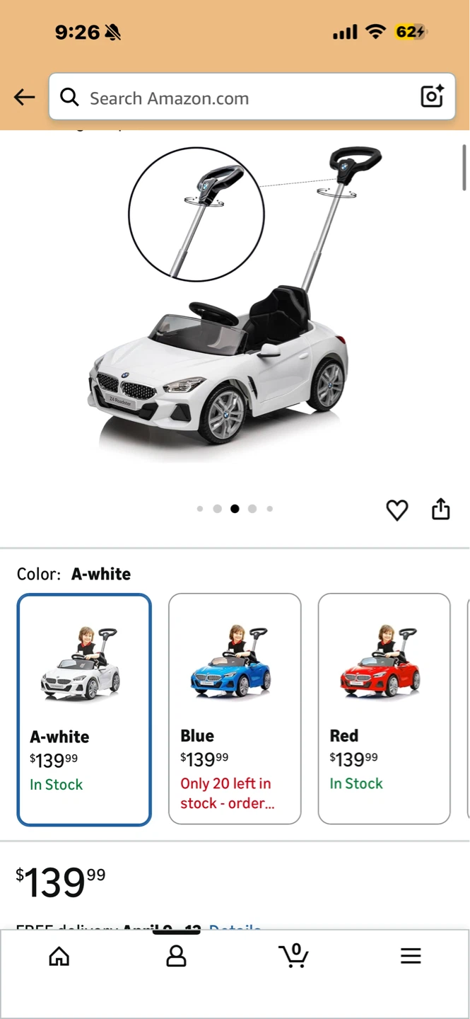 White BMW Ride-On Push Car with Handle