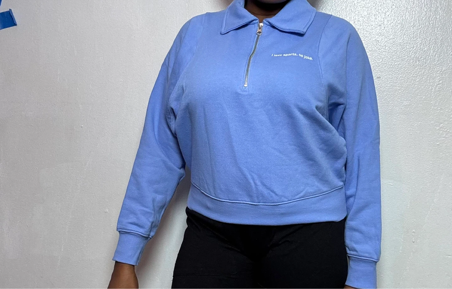 Light Blue Quarter-Zip Sweatshirt with Embroidered Text - photo 2
