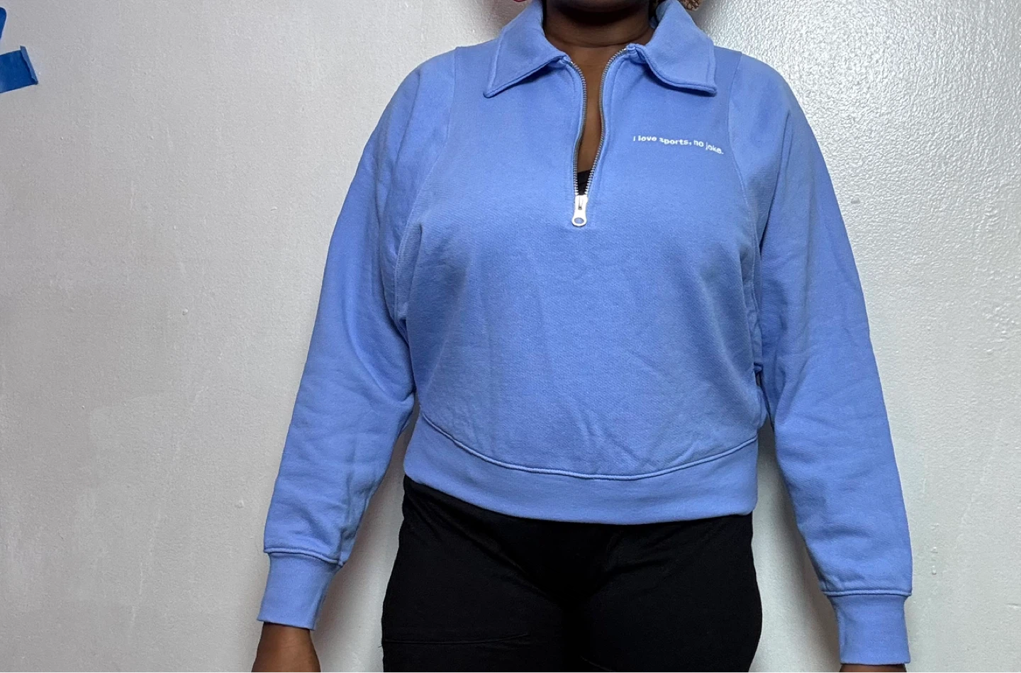 Light Blue Quarter-Zip Sweatshirt with Embroidered Text