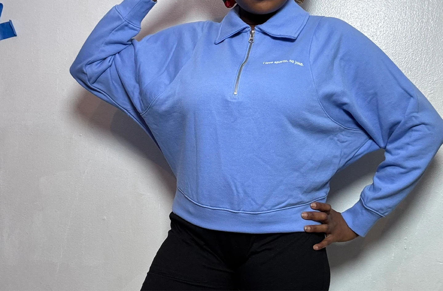 Light Blue Quarter-Zip Sweatshirt with Embroidered Text - photo 4