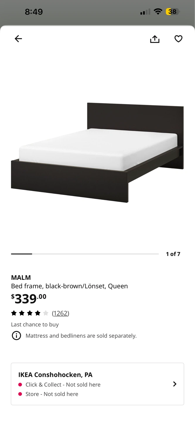 IKEA MALM Queen Bed Frame - Black-Brown