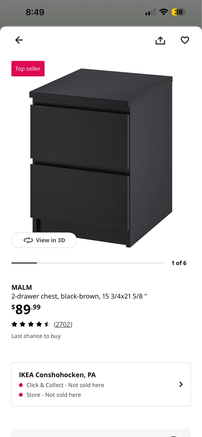 2 IKEA MALM 2-Drawer Chest Black-Brown 15 3/4"x21 5/8"